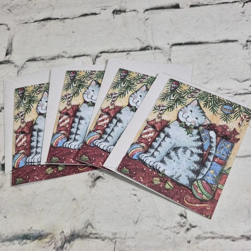 Susan Winget Christmas Cards 3D Kitty Cat Lot Of 4 With Envelopes